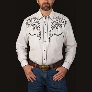 Western Express Embroidered Pearl Snap Shirt Mens Sz L White Black Scroll Stitch